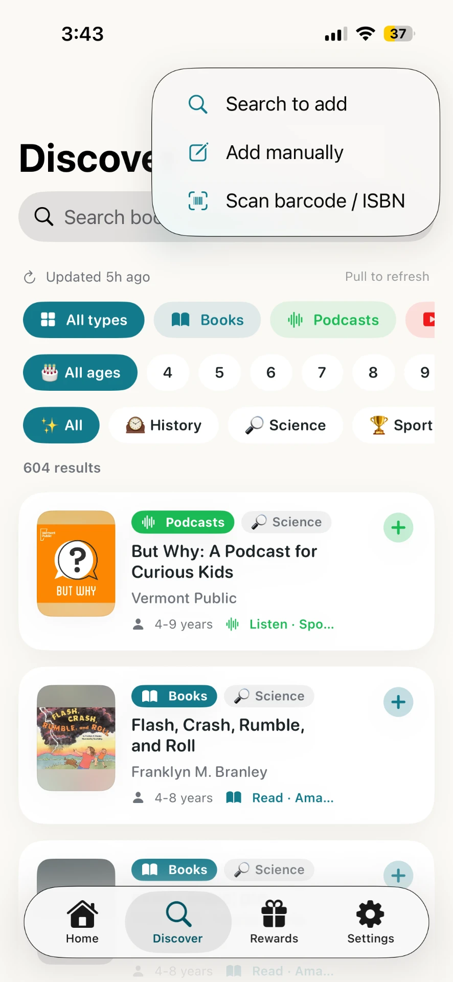 RockyRead discover screen with nonfiction books and podcasts