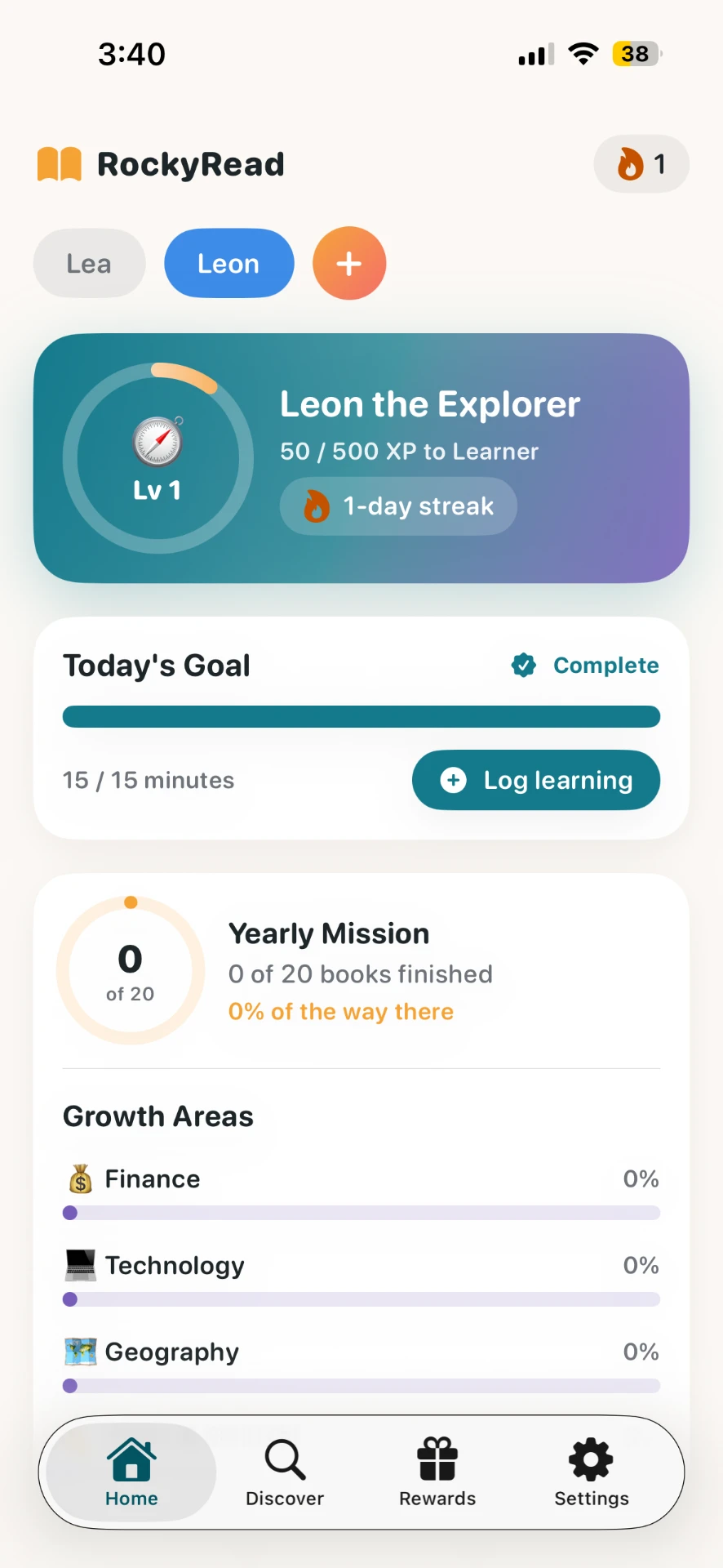 RockyRead home screen with daily goal and streak